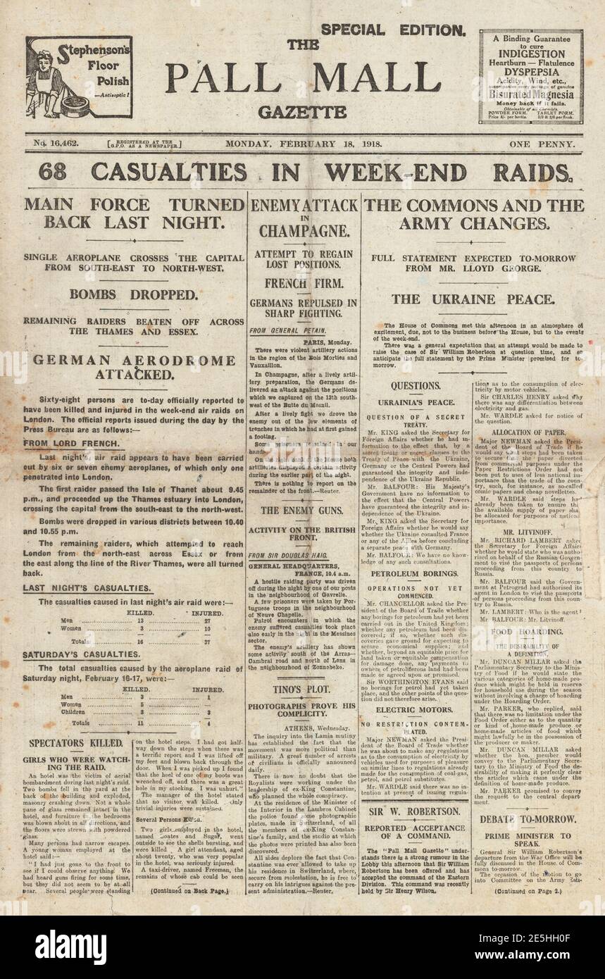 1918 Pall Mall Gazette Gotha raids on England Stock Photo