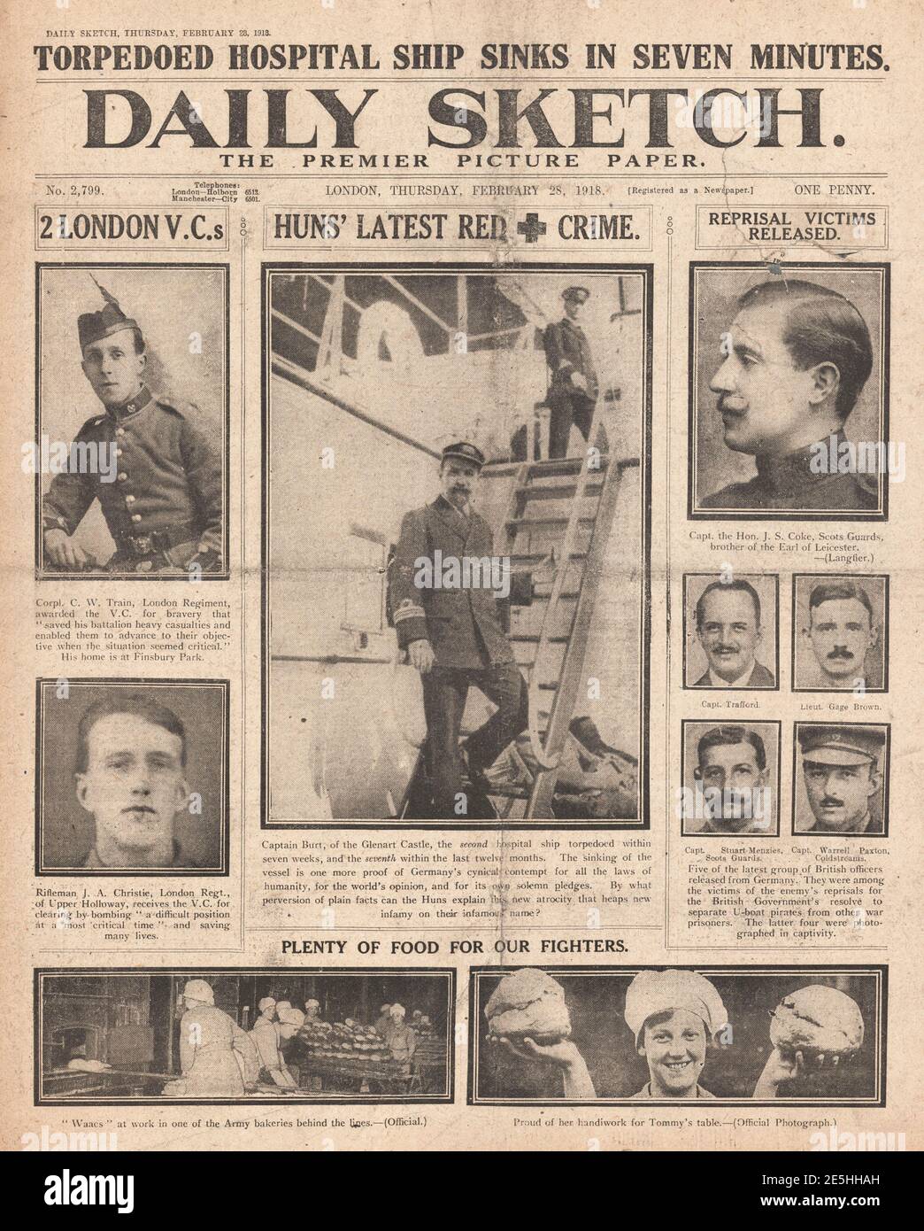 1918 Daily Sketch Sinking of the HMHS Glenart Castle Stock Photo