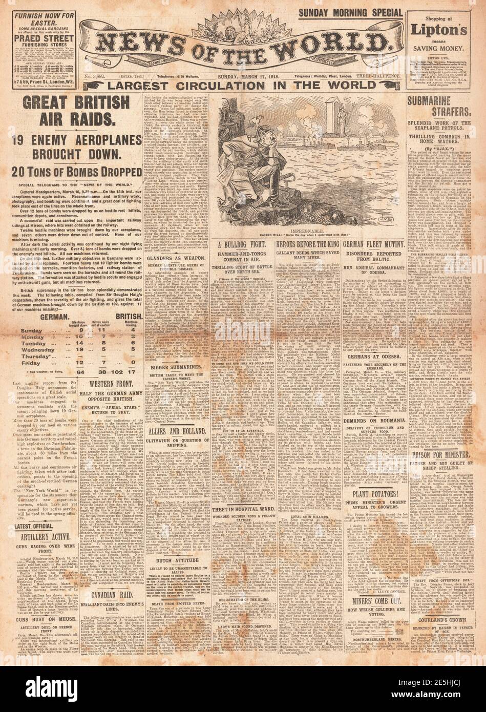 1918 News of the World British air raids on Germany Stock Photo