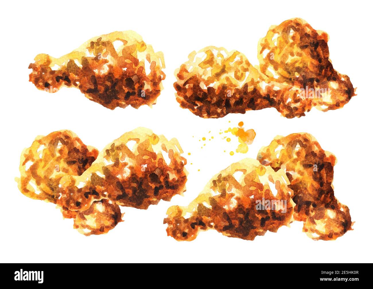 Crispy fried chicken set. Watercolor hand drawn illustration isolated ...
