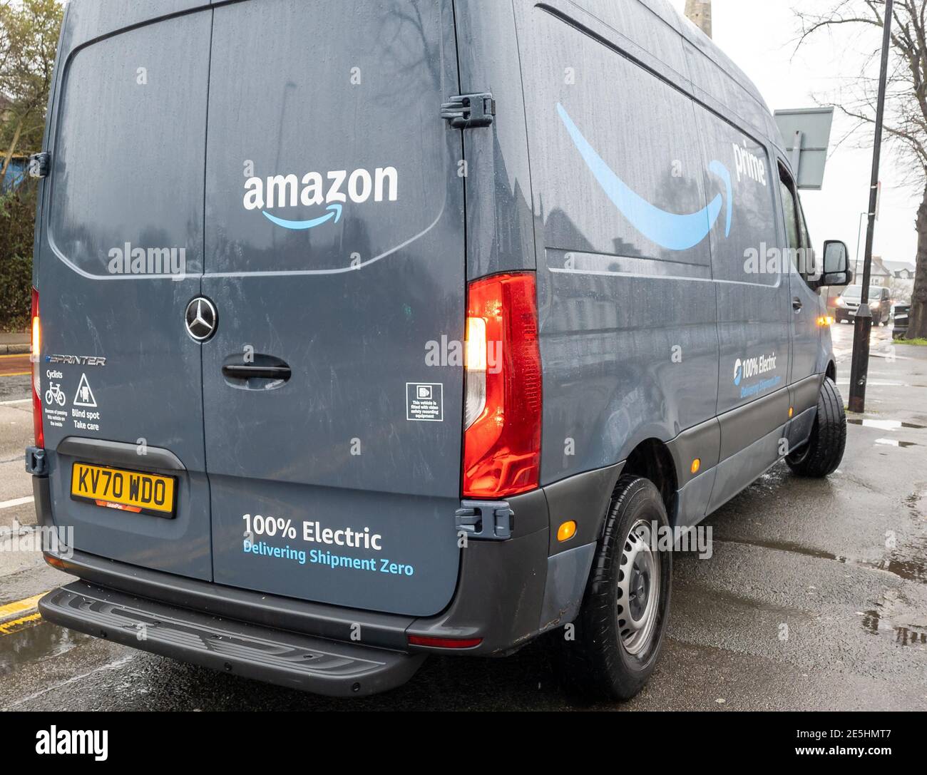 The all electric delivery vehicle of the online retailer Amazon. Stock Photo