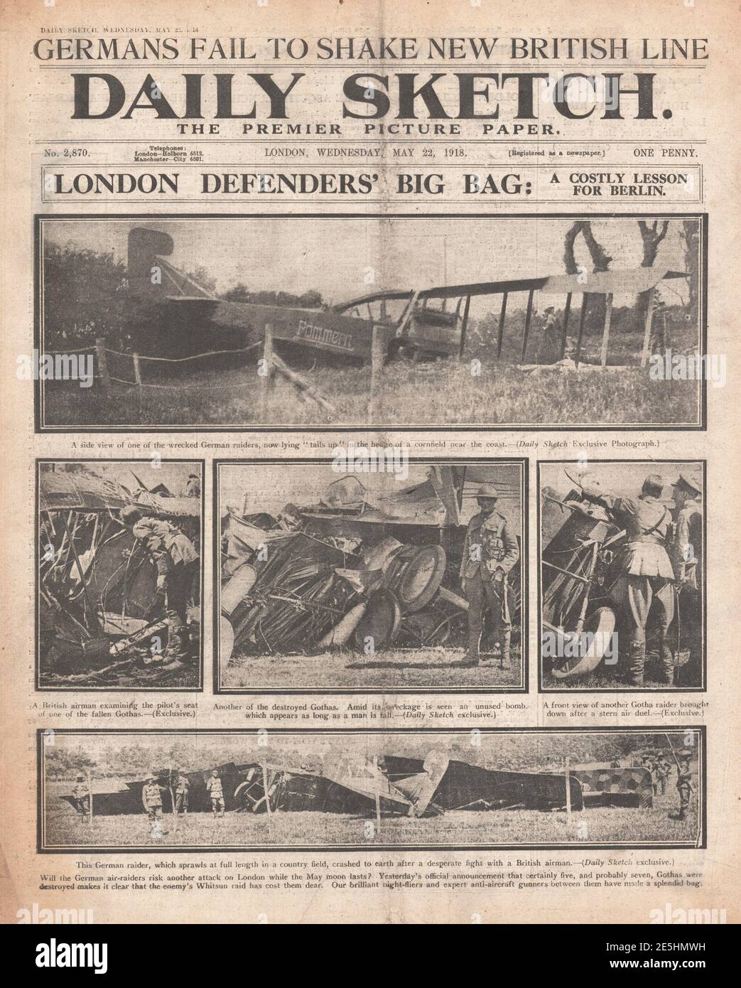 1918 Daily Sketch Gotha shot down over England Stock Photo