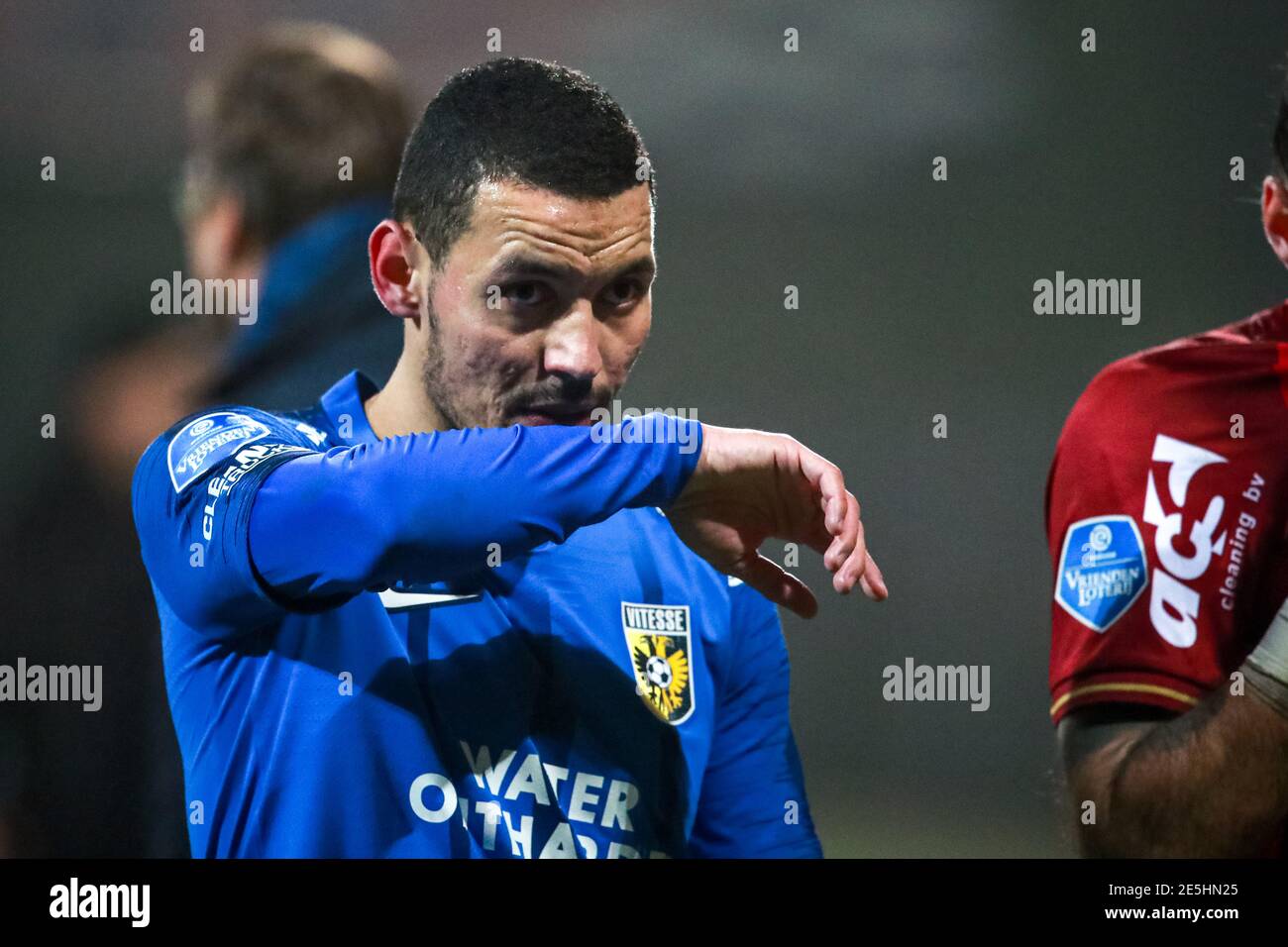 VENLO, NETHERLANDS - JANUARY 27: (L-R): Oussama Darfalou of Vitesse after match end / disappointed after defeat (4:1) during the Dutch Eredivisie matc Stock Photo