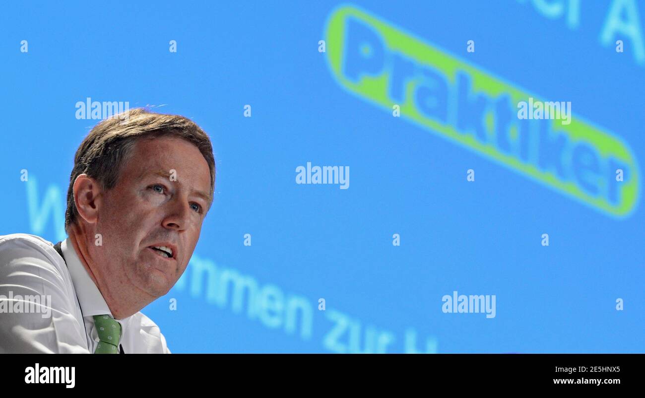 Kay Hafner, CEO of German building supplies chain Praktiker, delivers his speech at the company's shareholder meeting in Hamburg July 4, 2012. REUTERS/Fabian Bimmer (GERMANY - Tags: BUSINESS) Stock Photo