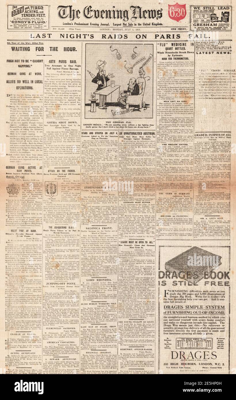 1918 Evening News Night raids on Paris Stock Photo
