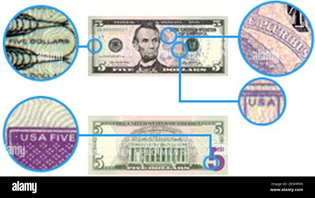 Microprinting features on a 5 U.S. dollar bill. Stock Photo