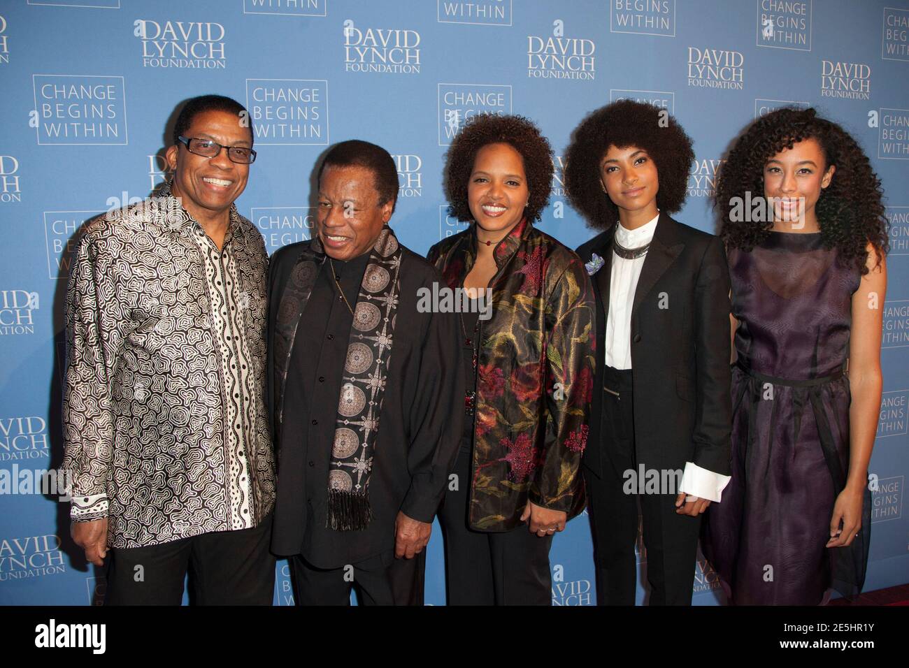 (L-R) Musicians Herbie Hancock, Wayne Shorter, Terri Lyne Carrington, Esperanza Spalding and Corinne Bailey Rae attend the 'Change Begins Within: An Historic Night of Jazz to benefit The David Lynch Foundation' event in New York December 13, 2012. REUTERS/Andrew Kelly (UNITED STATES - Tags: ENTERTAINMENT) Stock Photo