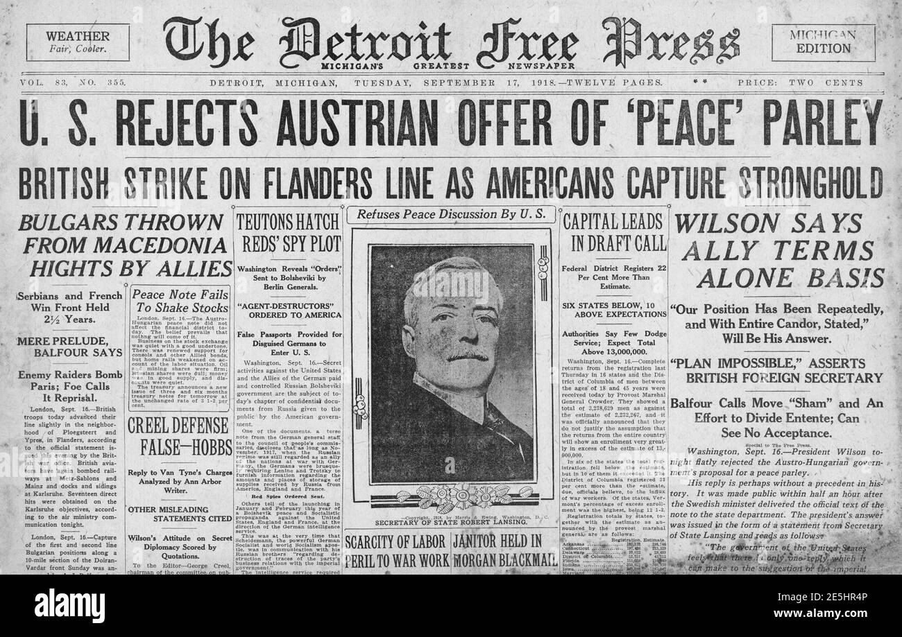 1918 The Detroit Free Press US rejects peace offer Stock Photo
