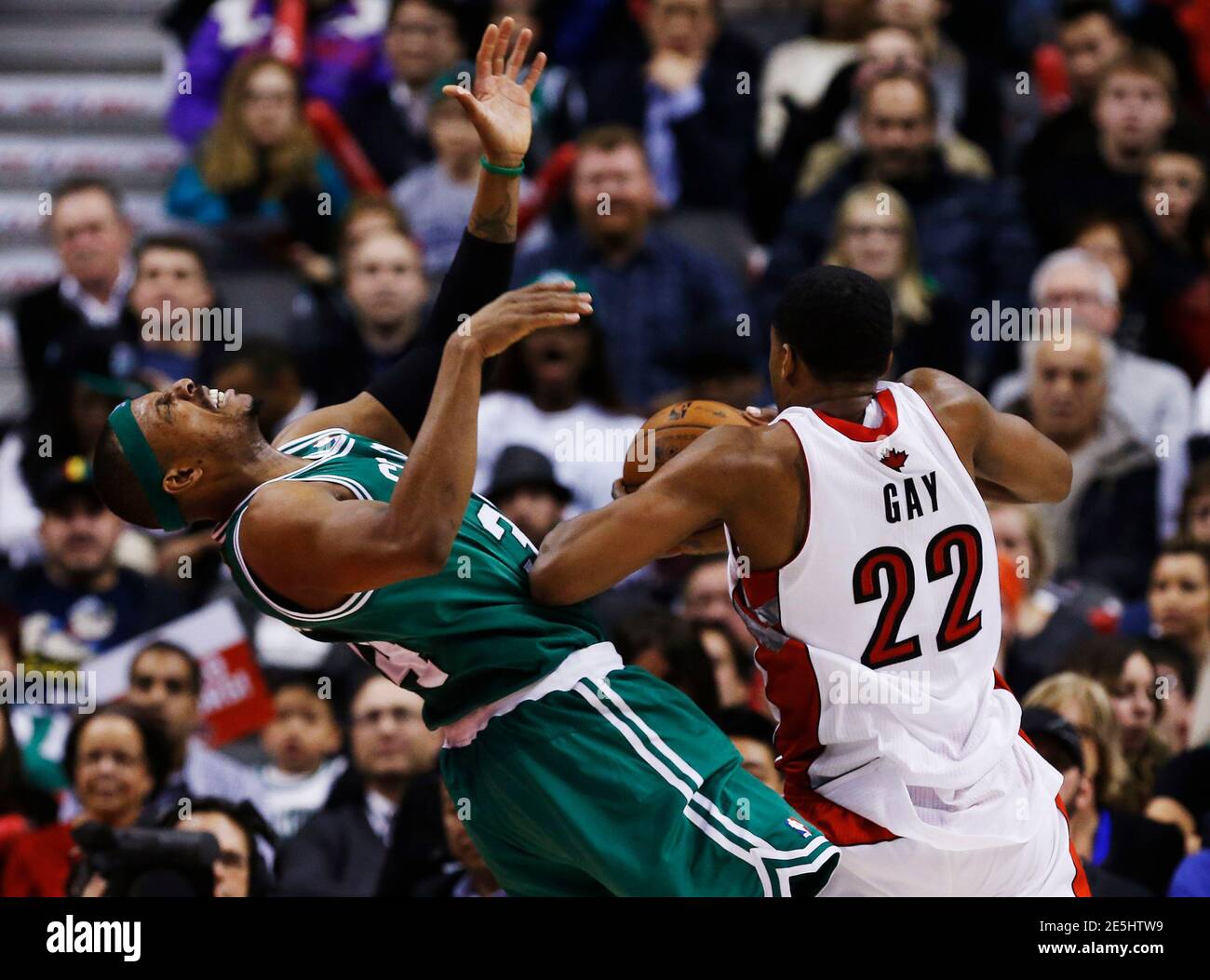 Toronto Raptors' Rudy Gay commits an offensive foul on Boston Celtics' Paul  Pierce (L) during the second half of their NBA basketball game in Toronto,  February 6, 2013. REUTERS/Mark Blinch (CANADA -