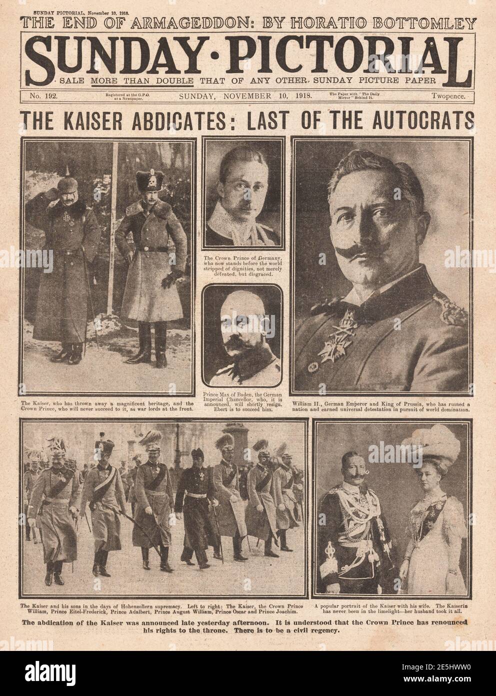 1918 Sunday Pictorial Abdication of Kaiser Wilhelm II Stock Photo