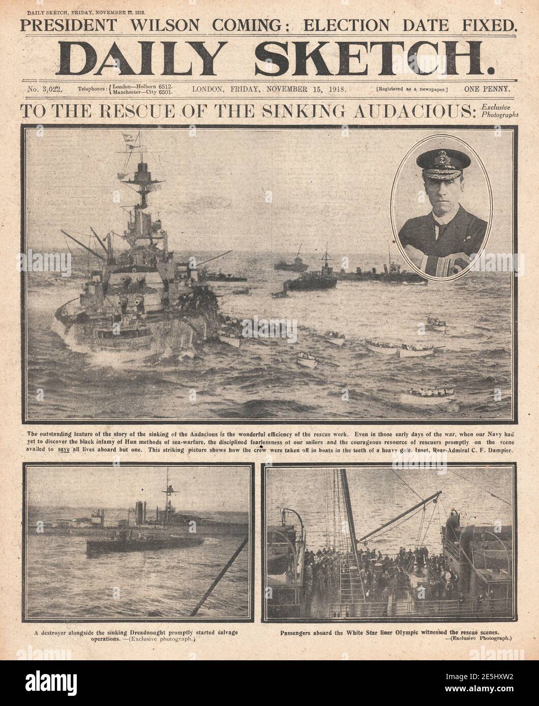 1918 Daily Sketch front page Sinking of HMS Audacious Stock Photo