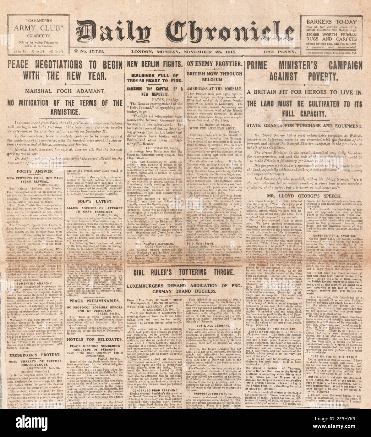1918 Daily Chronicle front page Peace negotiations with Germany Stock Photo