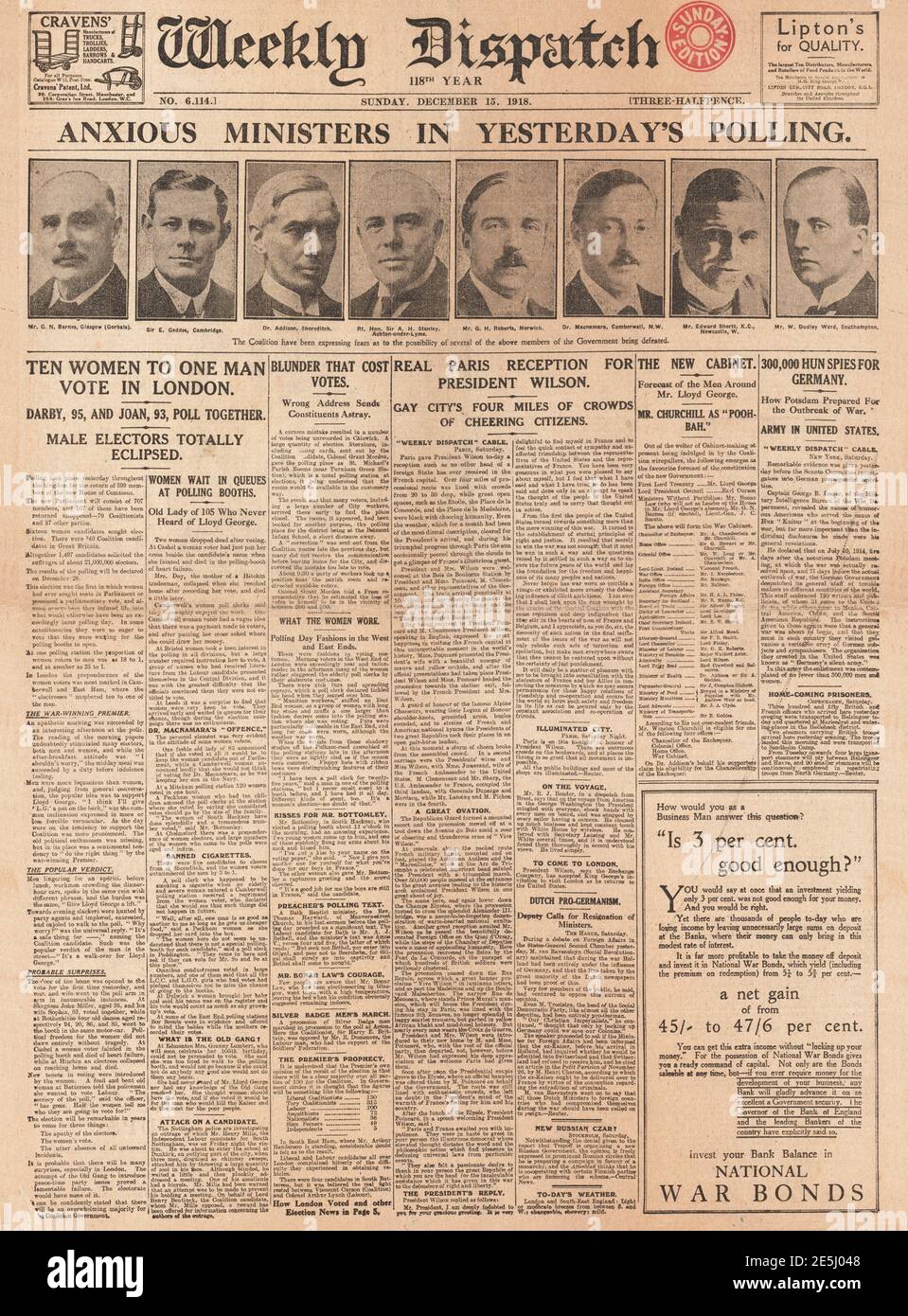 1918 Weekly Dispatch front page UK General Election Stock Photo