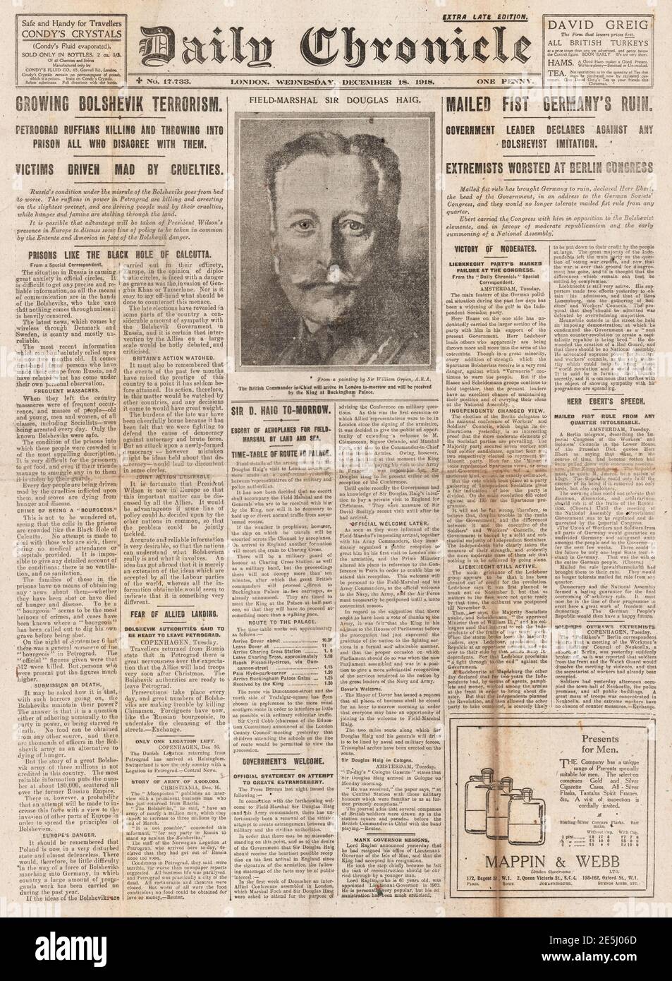 1918 Daily Chronicle front page Bolshevik terror in Russia Stock Photo