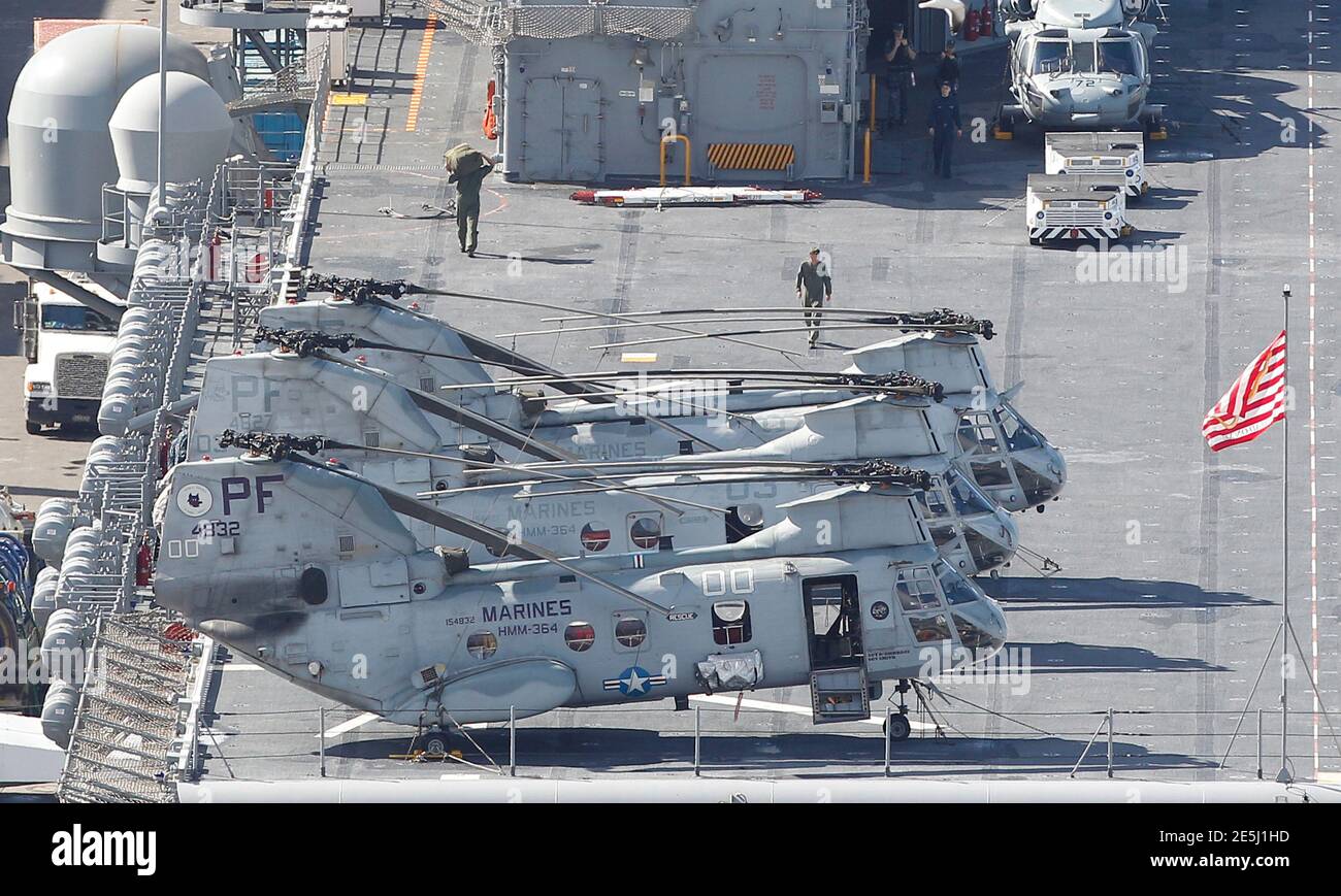 CH-46 Sea Knight transport helicopters from the HMM-364 squadron are pictured on USS America (LHA-6) as it calls at the port of Valparaiso, northwest of Santiago August 24, 2014. The ship is making its maiden voyage from the port of Pascagoula, Mississippi, bound for its base in San Diego, California port, according to the official statement from the embassy of United States in Chile.   REUTERS/Eliseo Fernandez (CHILE - Tags: POLITICS MILITARY) Stock Photo