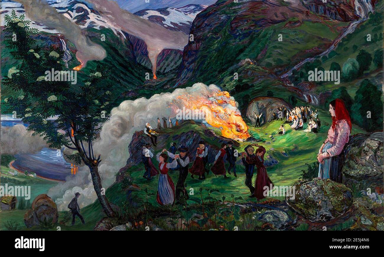 Midsummer-eve-bonfire-nikolai-astrup. Stock Photo