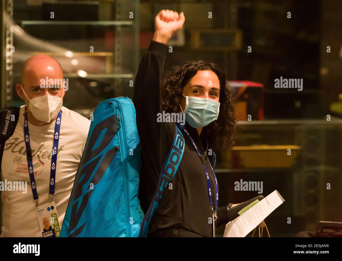 January 28, 2021: Martina Trevisan (ITA) and her coach Matteo Cartarsi  leave the Hyatt Hotel in Melbourne after serving a 14 day quarantine ahead  of the Australian Open 2021 in Melbourne, Australia.