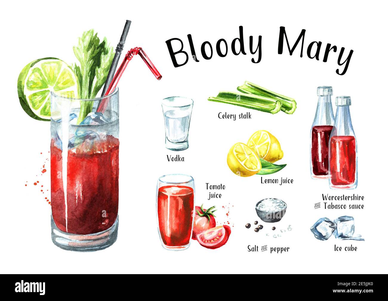 Cocktail with alcohol Bloody Mary ingredients set. Watercolor hand