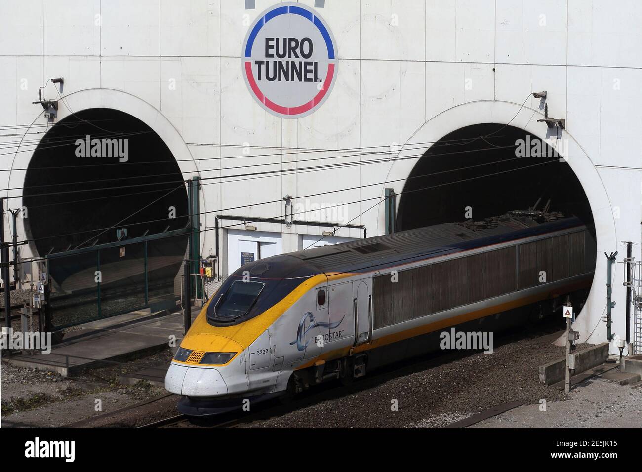 A high-speed Eurostar train exits the Channel tunnel in Coquelles, near  Calais, May 5, 2014. Eurotunnel prepares to celebrate the 20th anniversary  of the Channel Tunnel inauguration. The Channel Tunnel or Euro