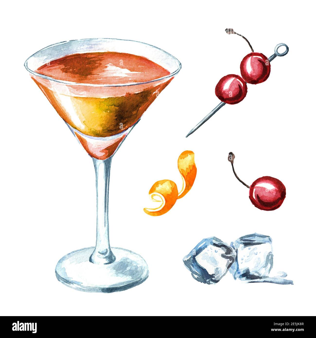 Manhattan cocktail with cherry and orange zest set. Watercolor hand drawn  illustration isolated on white background Stock Photo - Alamy