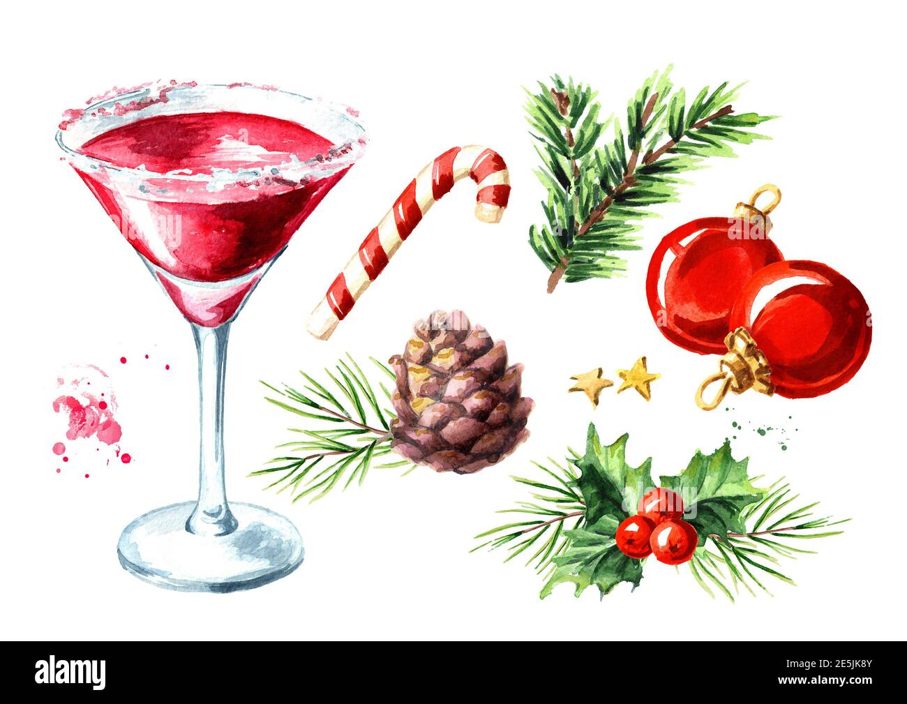 Red Christmas Martini Cocktail Elements Set Watercolor Hand Drawn