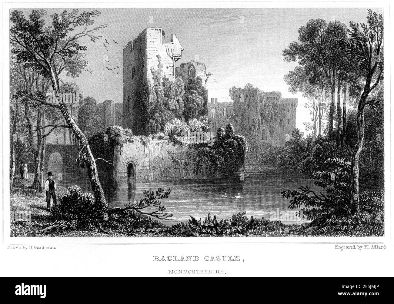 An engraving of Ragland (Raglan) Castle Monmouthshire scanned at high resolution from a book published in 1854.Believed copyright free. Stock Photo