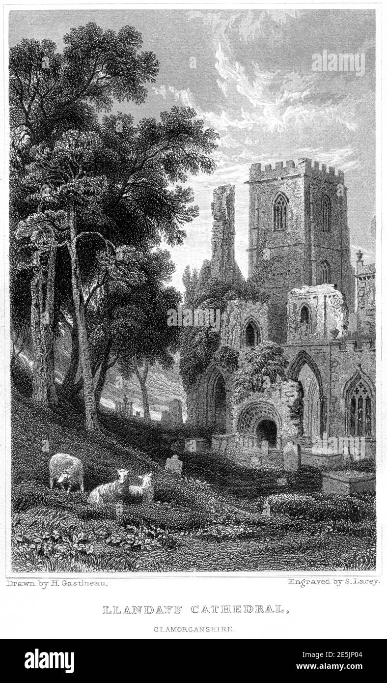 An engraving of Llandaff Cathedral, Glamorganshire scanned at high resolution from a book published in 1854.  Believed copyright free. Stock Photo