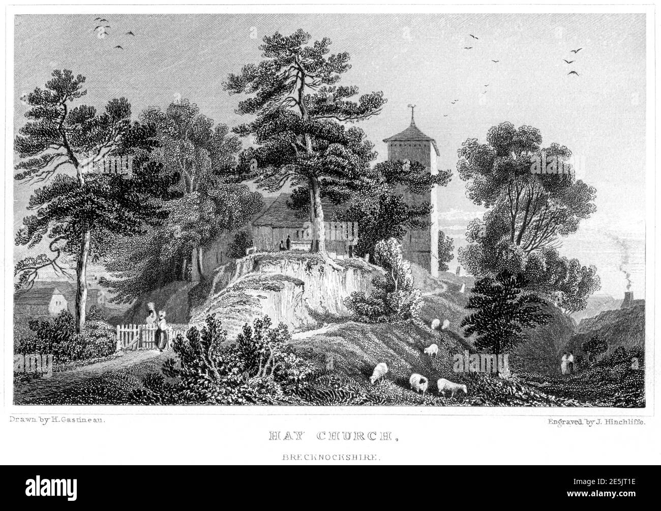 An engraving of Hay Church (Hay on Wye) Brecknockshire scanned at high resolution from a book published in 1854.  Believed copyright free. Stock Photo
