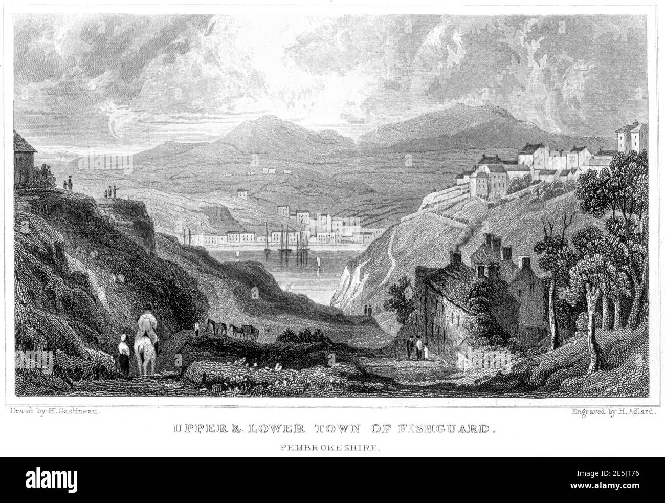 An engraving of Upper & Lower Town of Fishguard, Pembrokeshire scanned at high resolution from a book published in 1854. Believed copyright free. Stock Photo