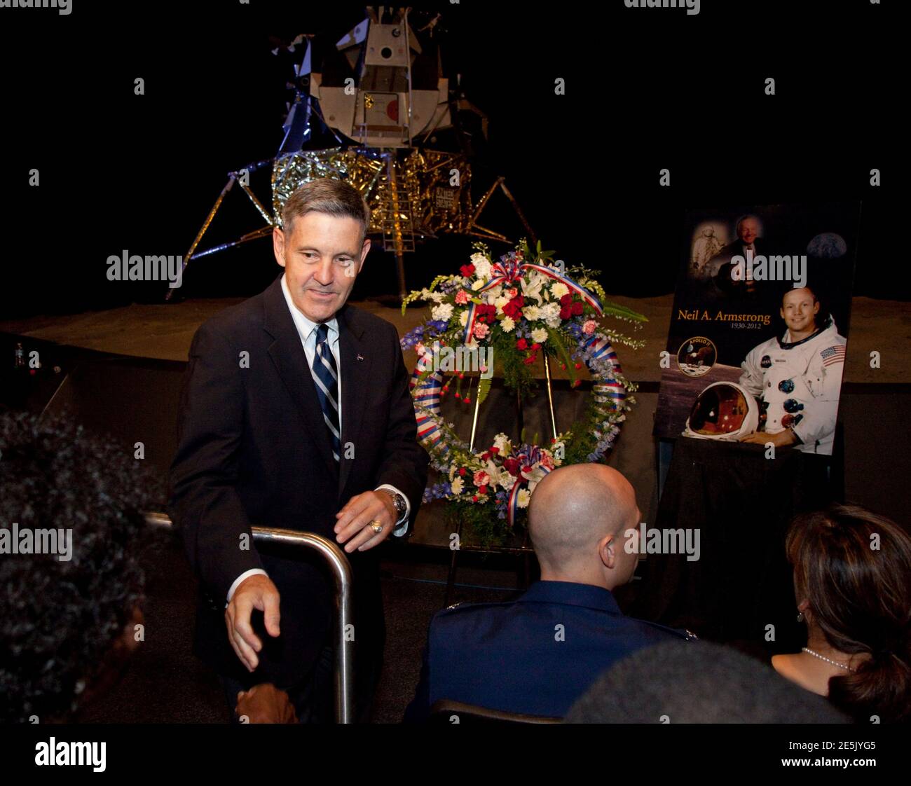 Kennedy Space Center Director Robert Cabana, a retired astronaut, speaks during a memorial service for Neil Armstrong in the Apollo Saturn V Center at Kennedy Space Center, Florida August 31, 2012. U.S. astronaut Armstrong, who took a giant leap for mankind when he became the first person to walk on the moon, has died at the age of 82, his family said on August 25, 2012. Attendees of the three minute ceremony toured the space center after paying their respects for Armstrong. REUTERS/Michael Brown (UNITED STATES - Tags: SCIENCE TECHNOLOGY TRANSPORT OBITUARY) Stock Photo