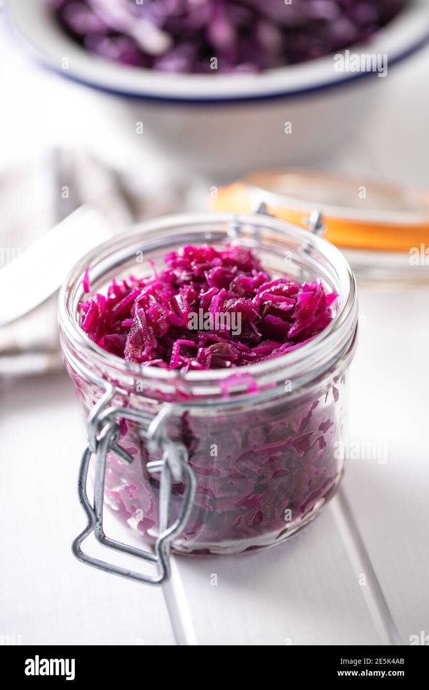 Red sauerkraut. Sour pickled cabbage in jar Stock Photo Alamy