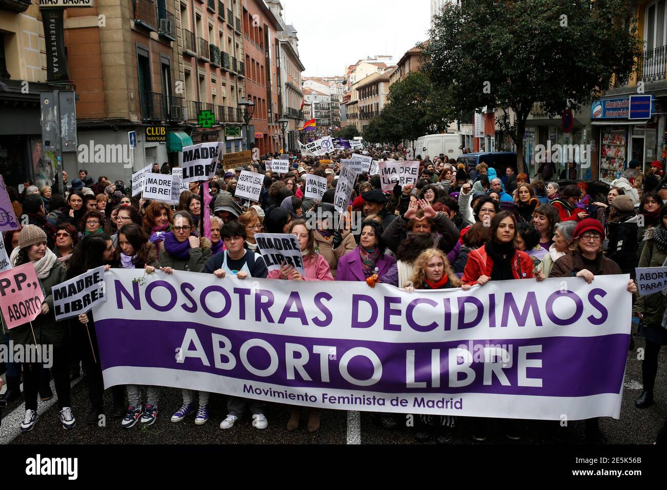 Thousands of people march to protest a government plan to limit abortions in Madrid February 8, 2014. Demonstrators march through Madrid to demand that the government ends its plan to reform Spain's abortion law. The government of Mariano Rajoy has proposed to make abortion more restrictive, sparking controversy amongst different sectors of society including the ruling People's Party. Banner reads 'We decided. Free Abolition' REUTERS/Javier Barbancho (SPAIN - Tags: CIVIL UNREST POLITICS HEALTH) Stock Photo