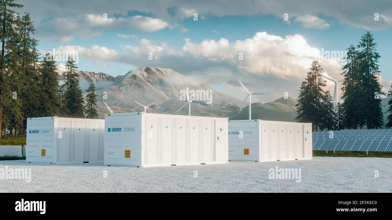 Modern container battery energy storage power plant system accompanied with solar panels and wind turbine system situated in nature Stock Photo