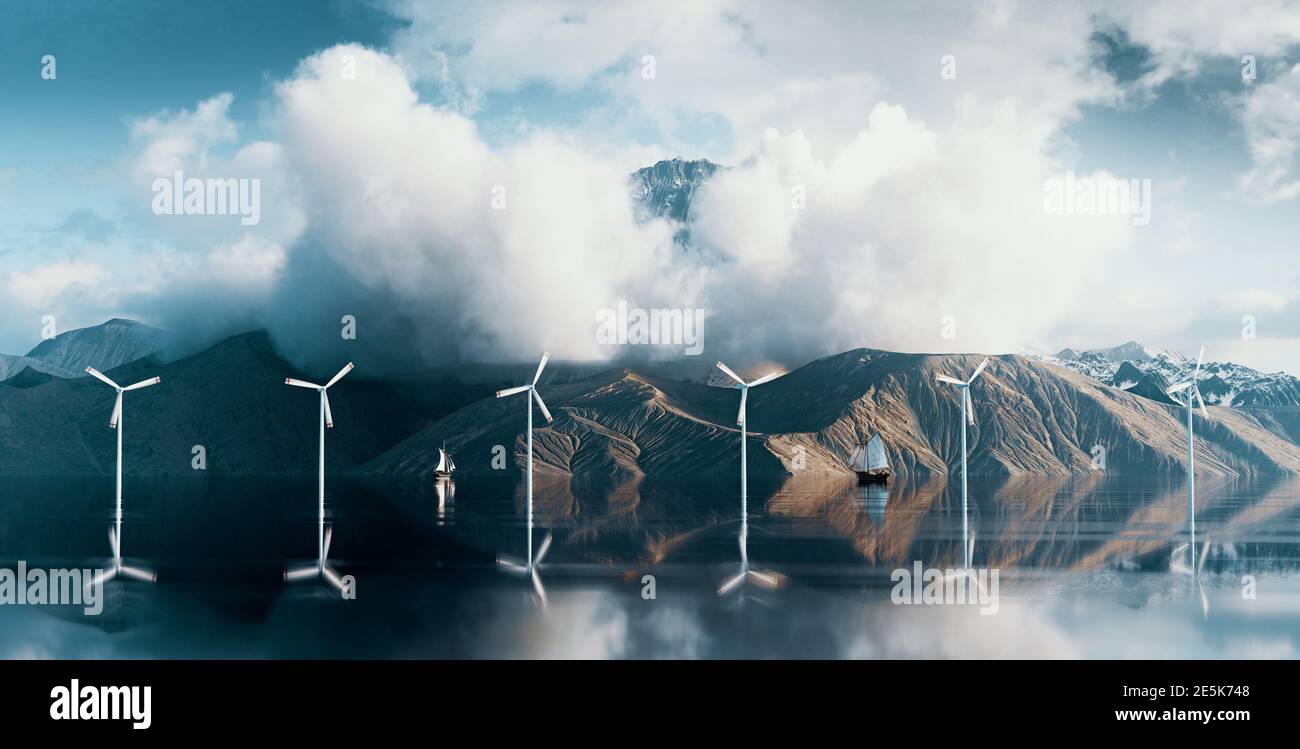 Coastal wind turbine farm park in situated in wilderness scenery with majestic mountain peak above clouds. 3d rendering. Stock Photo