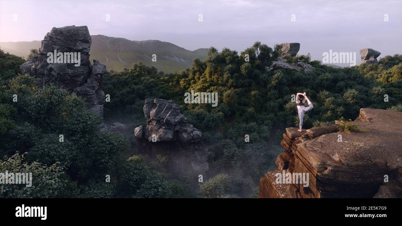 Girl practicing king dancer yoga pose on the edge of a high cliff in front of beautiful forest and mountain scenery in purple sunrise. 3d rendering. Stock Photo