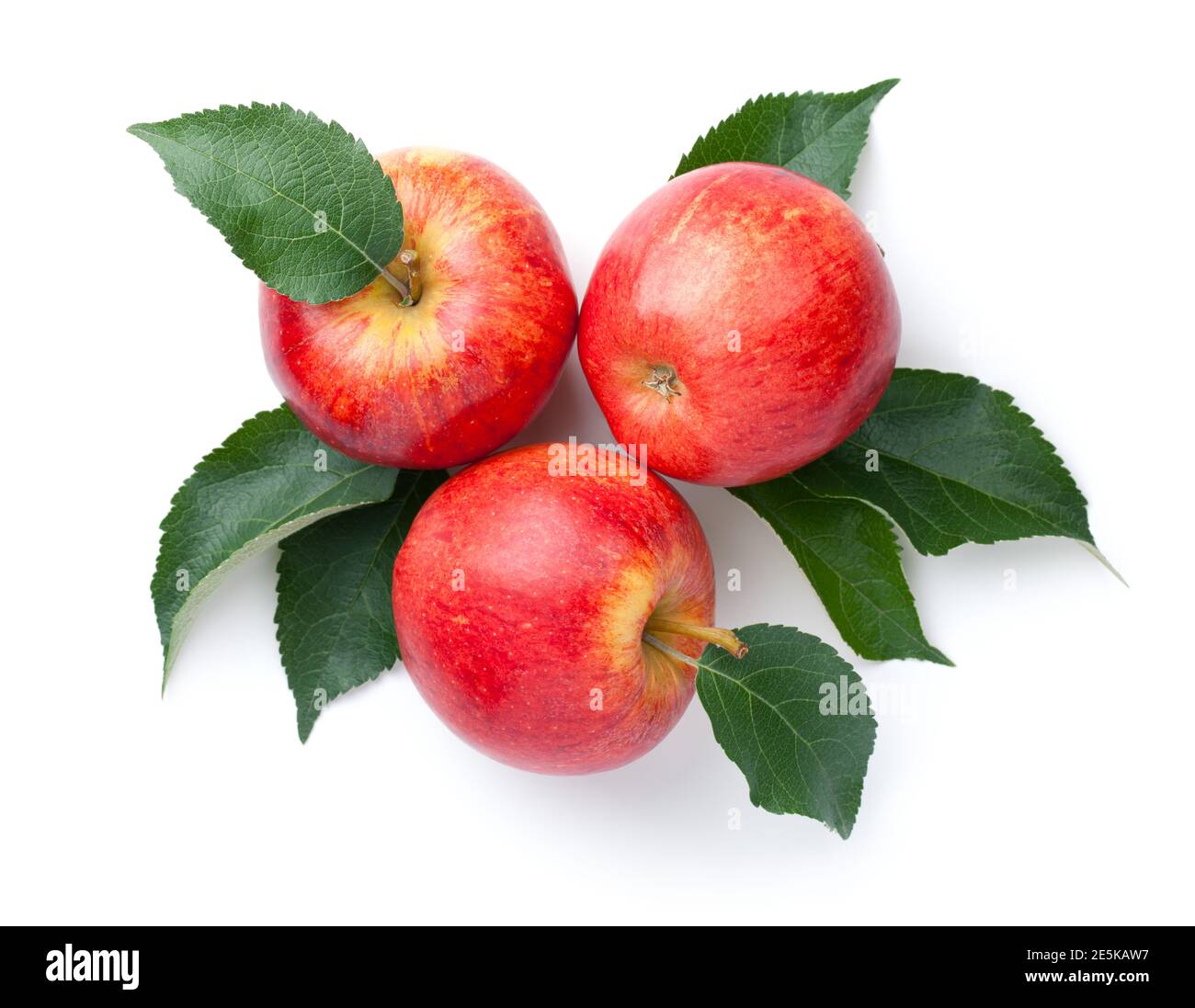 Red apples with leaves isolated over white background. Gala apple. Top view Stock Photo