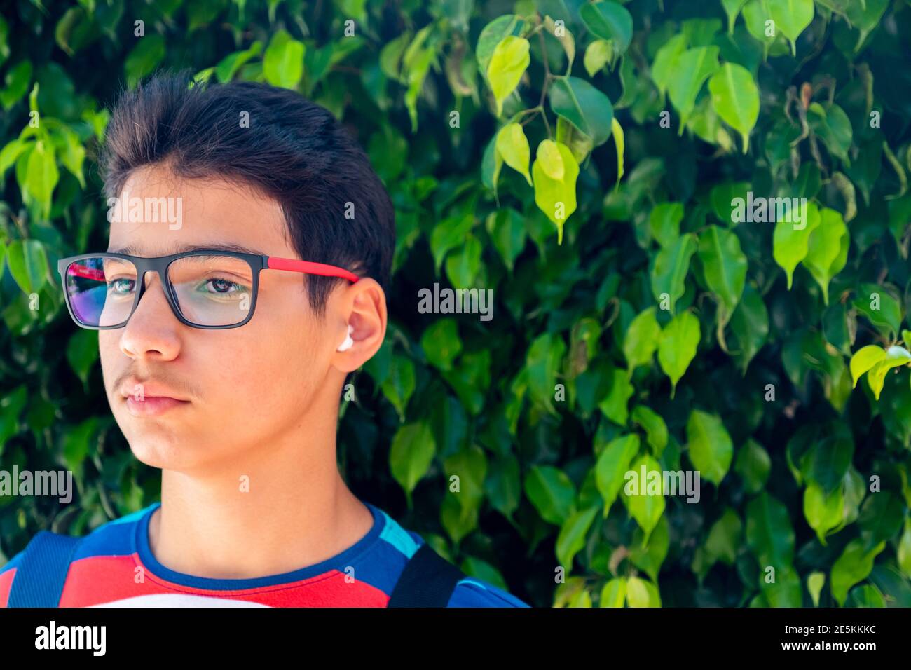 portrait for a teenager and the background is green tree with beautiful leaves while holding his bag for school or trip Stock Photo