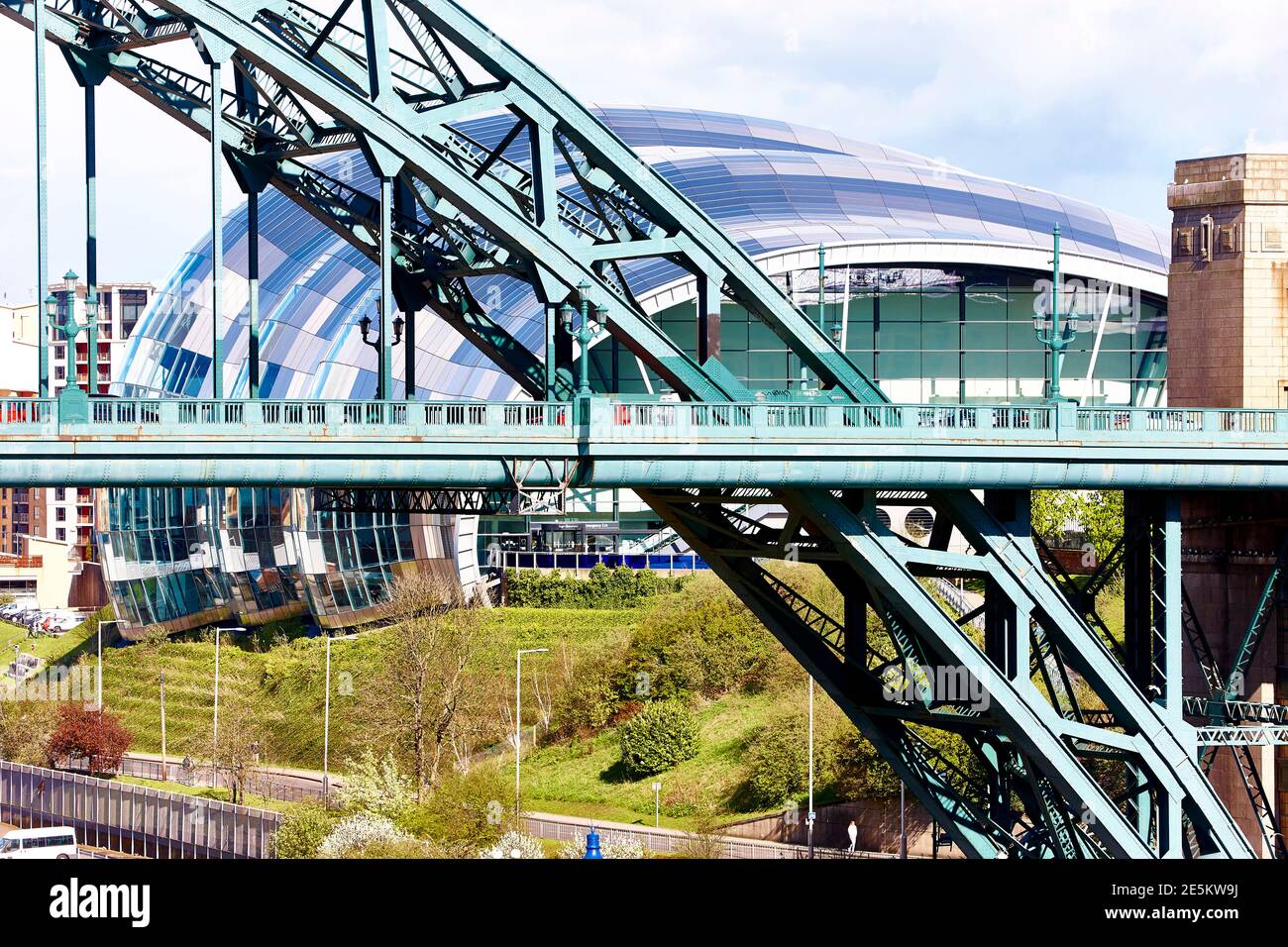 The Sage through the iconic Tyne Bridge in Newcastle Upon Tyne, Tyneside, North East England, UK Stock Photo