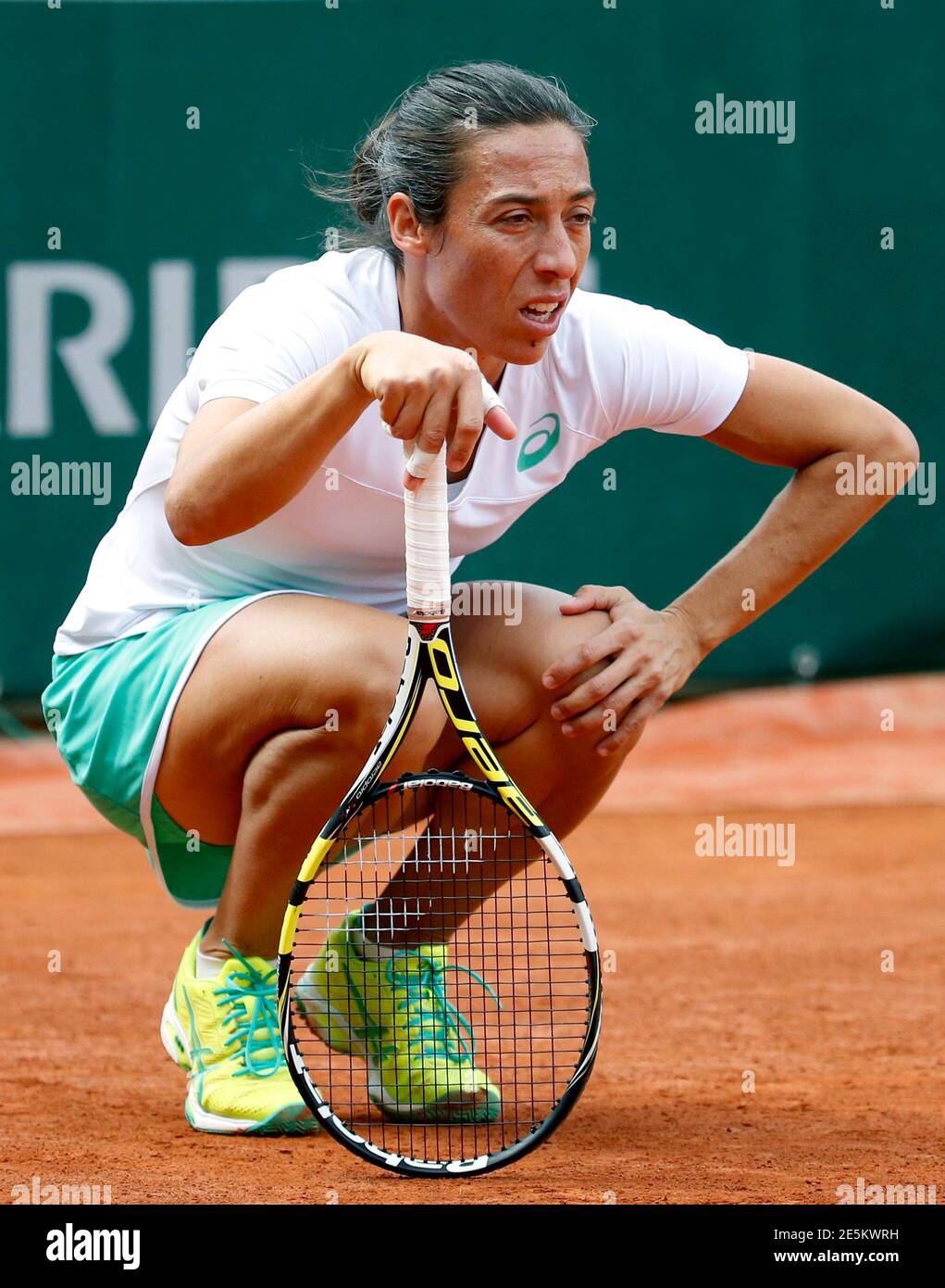 Francesca Schiavone of Italy reacts during the women's singles match  against Andreea Mitu of the Romania at the French Open tennis tournament at  the Roland Garros stadium in Paris, France, May 30,