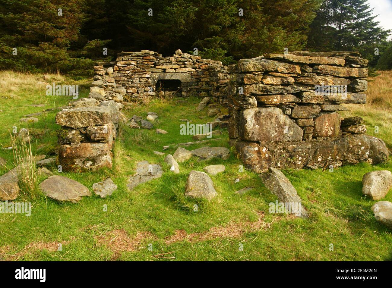 Ruins of a one room shepherds hut with a fire place on the shore of Llynnau Diwaunydd lake a mountain lake on the outskirts of Blaenau Ffestiniog Stock Photo