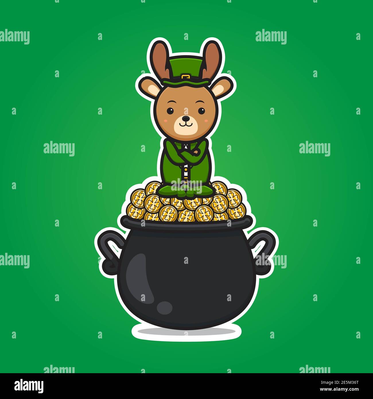 Cute deer leprechaun saint patrick day character sit above gold coin ...
