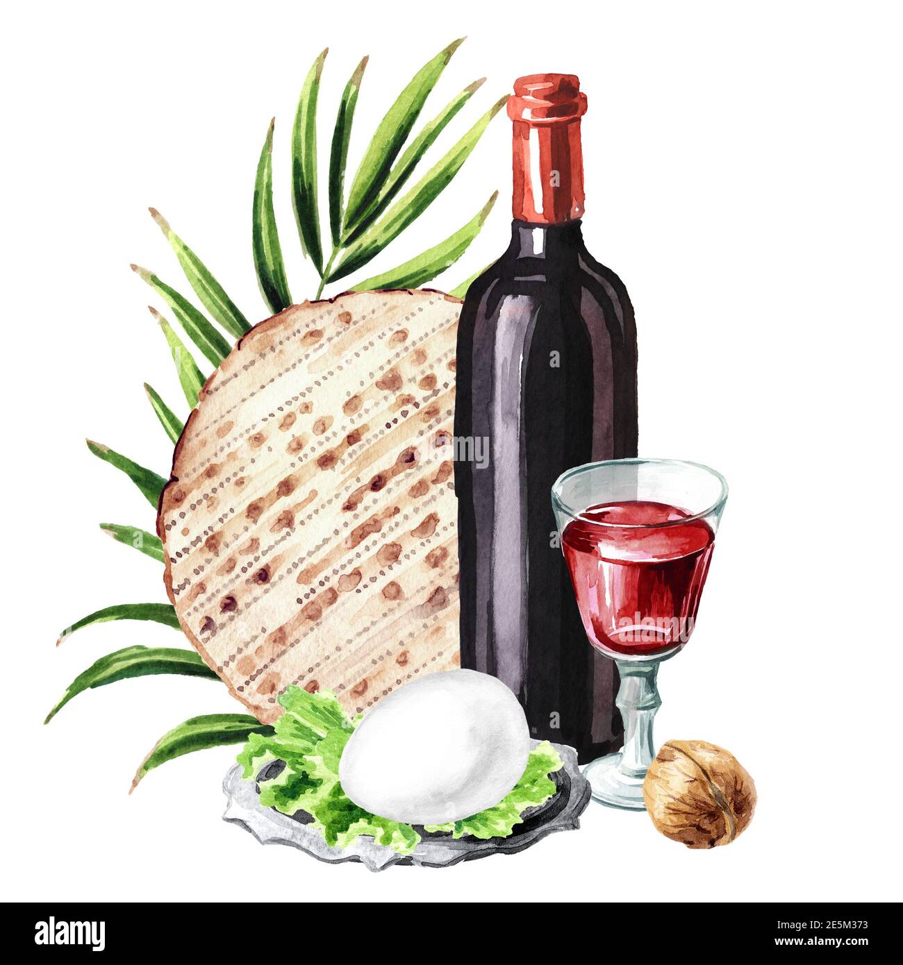 Passover seder meal. Concept of jewish holiday Pesach card. Watercolor ...