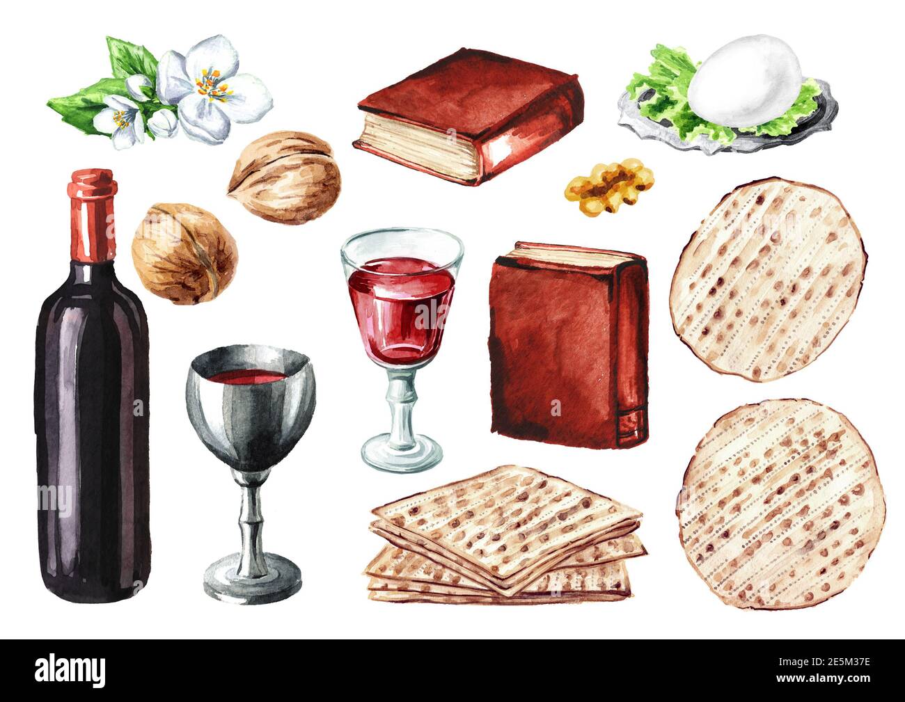 Passover seder meal elements set. Jewish holiday Pesach. Watercolor ...