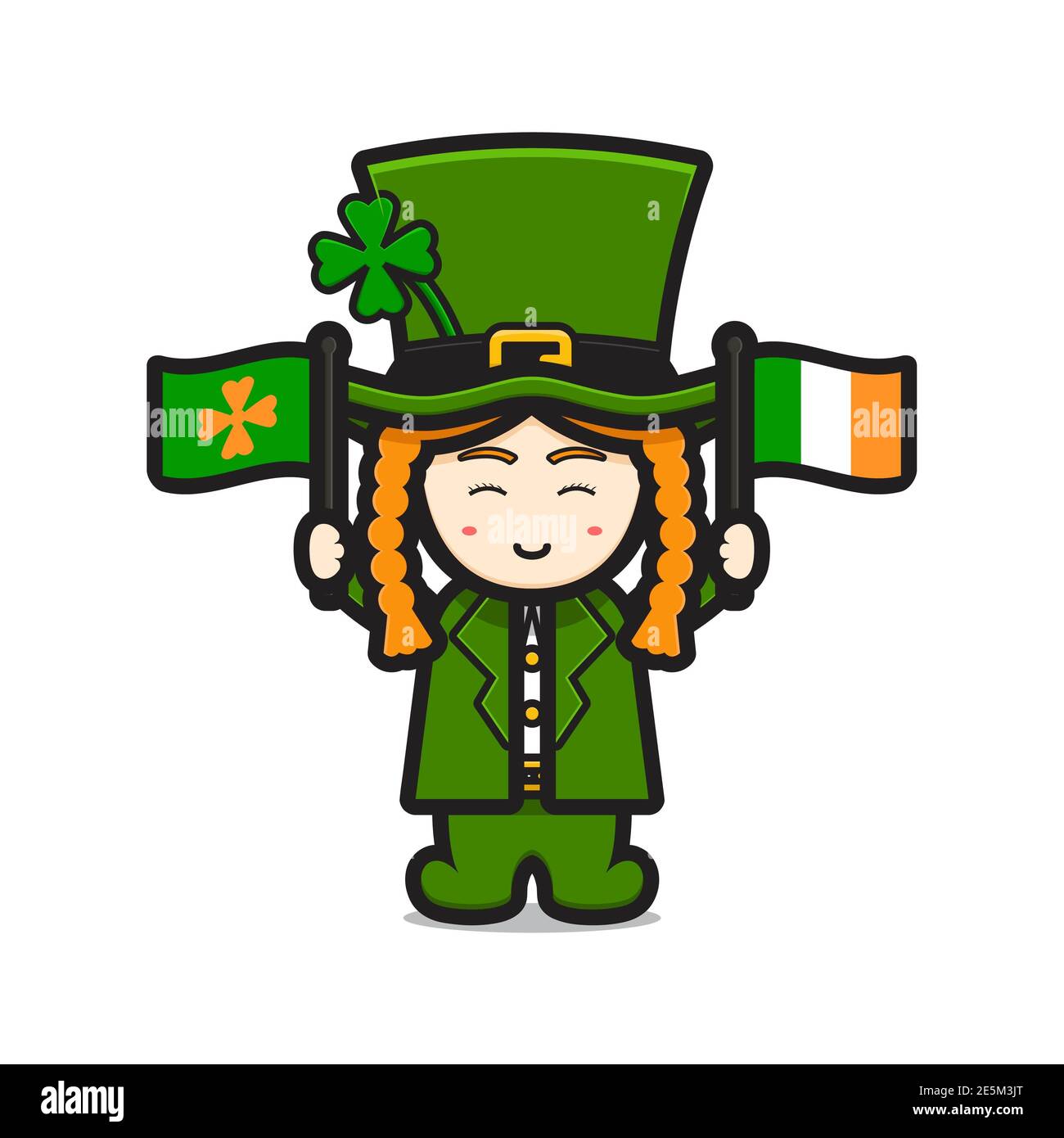 Cute leprechaun saint patrick day character holding irish flag cartoon vector icon illustration. Saint Patrick's Day icon concept isolated vector. Fla Stock Photo