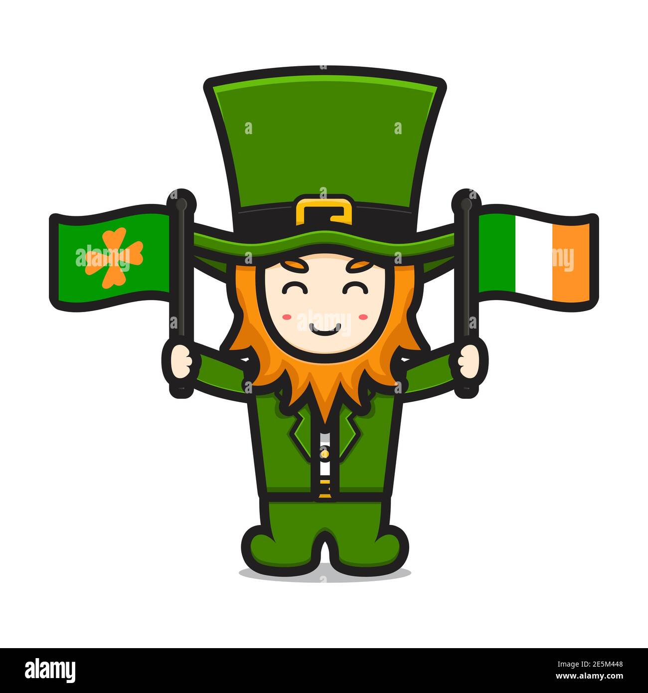 Cute leprechaun saint patrick day character holding irish flag cartoon vector icon illustration. Saint Patrick's Day icon concept isolated vector. Fla Stock Photo