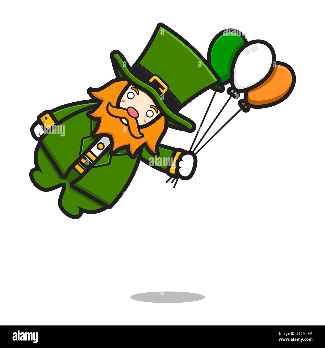 Cute leprechaun saint patrick day character flying holding balloon cartoon vector icon illustration. Saint Patrick's Day icon concept isolated vector. Stock Photo