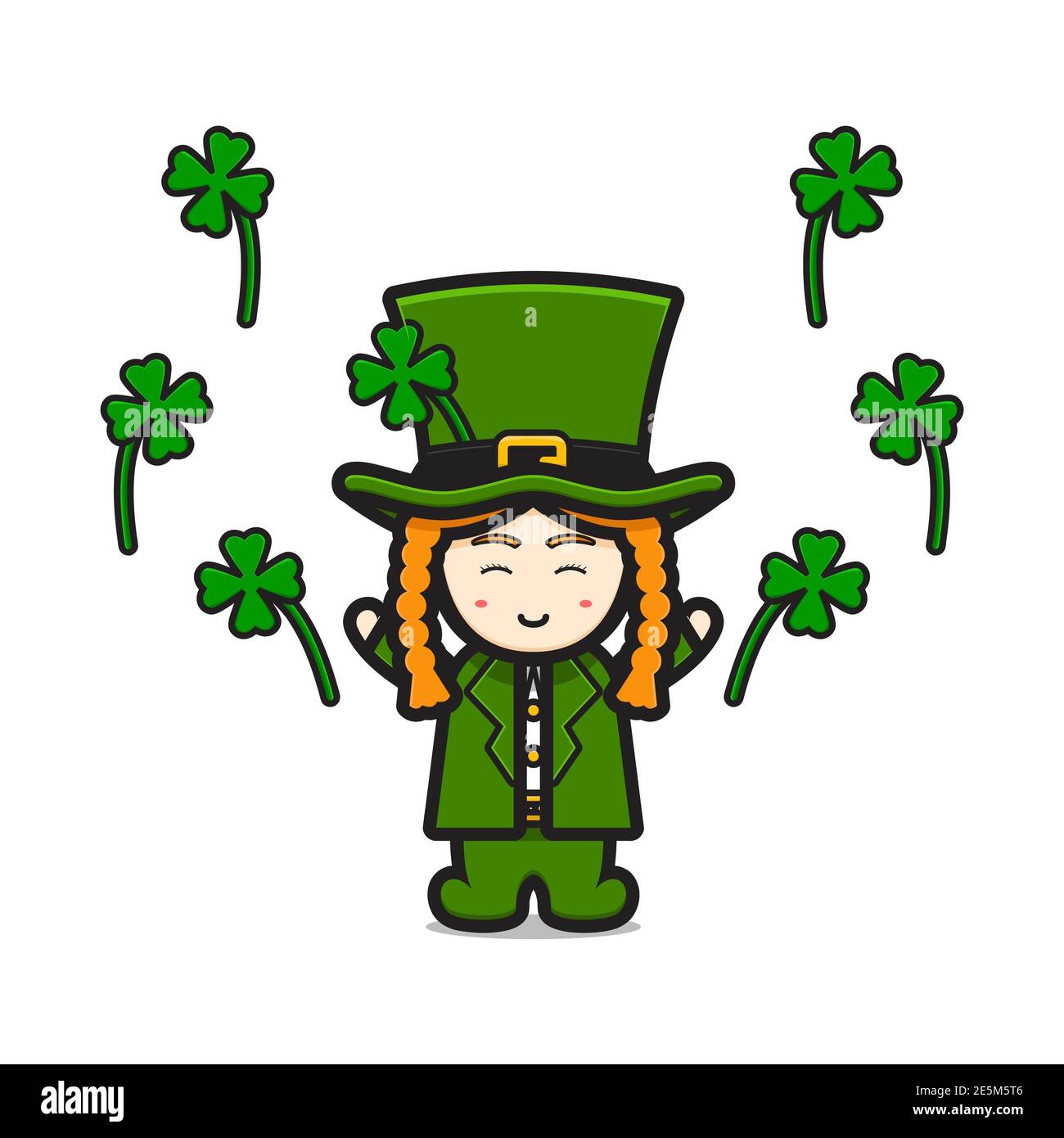 Cute leprechaun saint patrick day character celebrate with clover cartoon vector icon illustration. Saint Patrick's Day icon concept isolated vector. Stock Photo