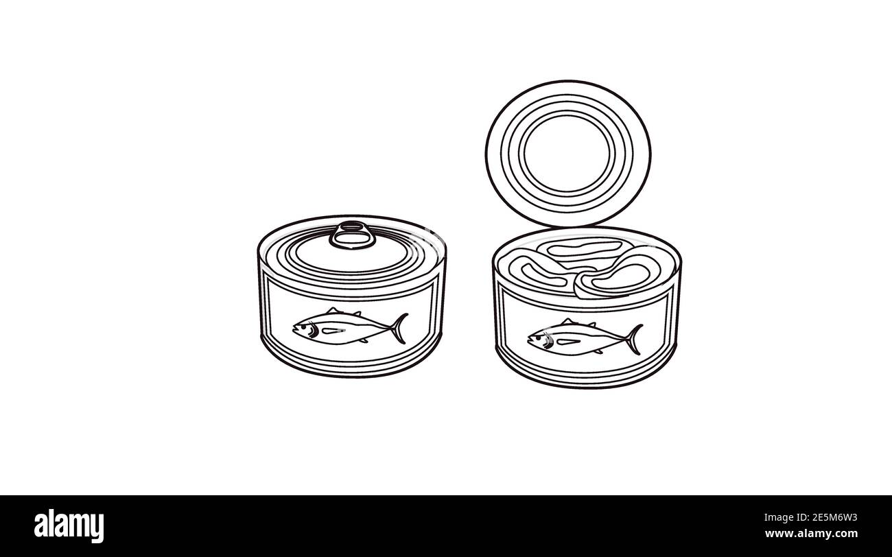 Vector Illustration. Black and White Isolated Closed and Open Tuna Cans Stock Vector