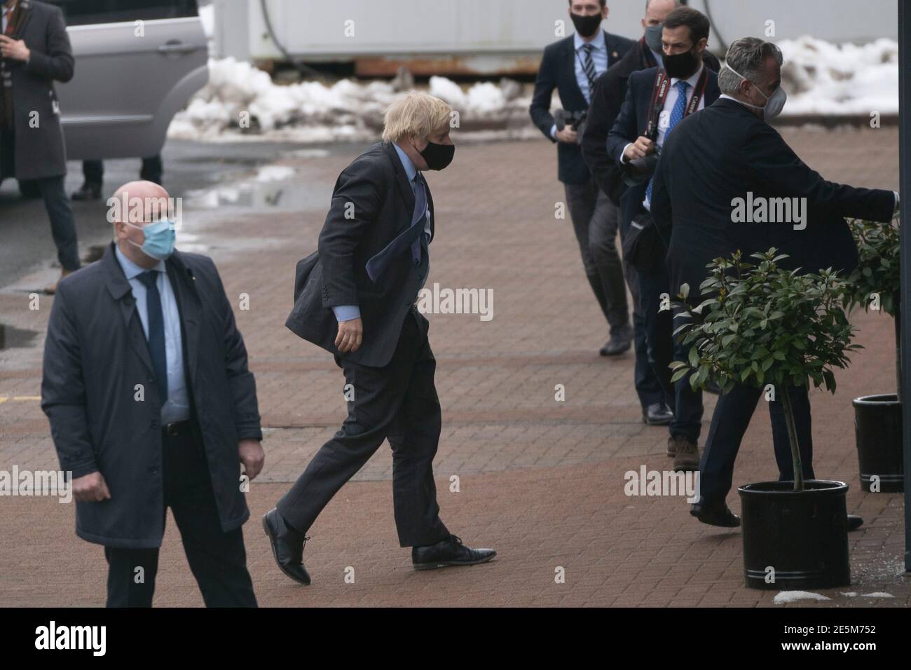 Livingston, Scotland, UK. 28 January 2021. Prime Minister Boris Johnson arrives at Valneva vaccine production plant in Livingston on his visit to Scotland. The plant has commenced production of vaccines today. Iain Masterton/Alamy Live News Stock Photo