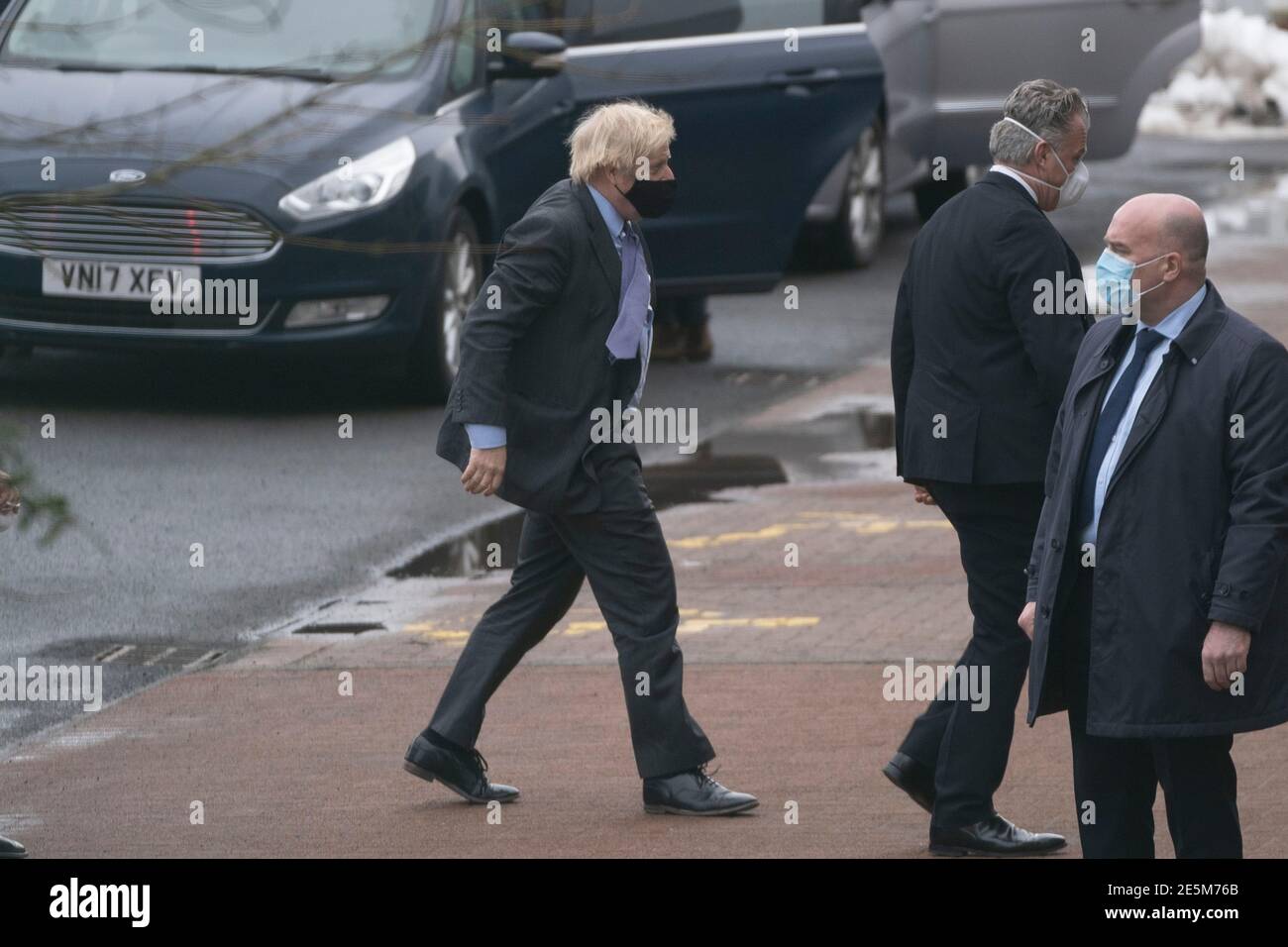 Livingston, Scotland, UK. 28 January 2021. Prime Minister Boris Johnson arrives at Valneva vaccine production plant in Livingston on his visit to Scotland. The plant has commenced production of vaccines today. Iain Masterton/Alamy Live News Stock Photo
